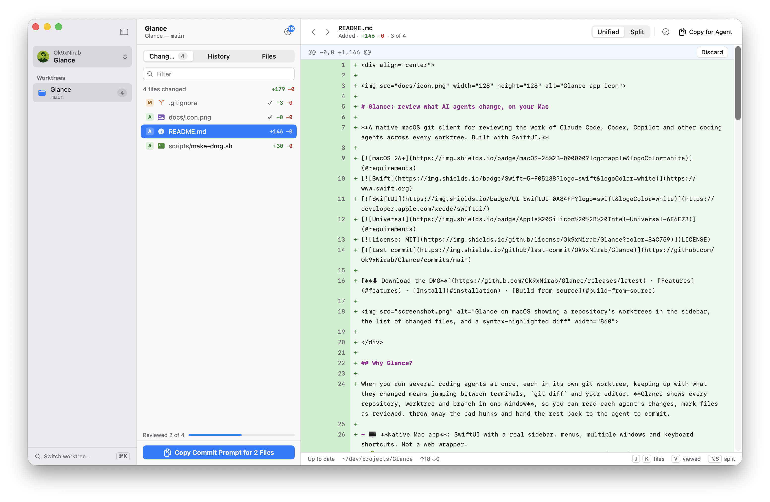 Glance on macOS: the sidebar lists the repository's worktrees, the middle column lists four changed files with two marked as viewed, and the right side shows a syntax-highlighted diff of README.md